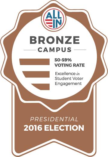 Bronze ribbon with text that reads "All In: Bronze Campus. 50-59% voting rate. Excellence in student voter engagement. Presidential 2016 election.